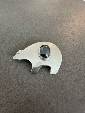 Vintage Sterling Silver Bear Brooch with Faceted Black Stone